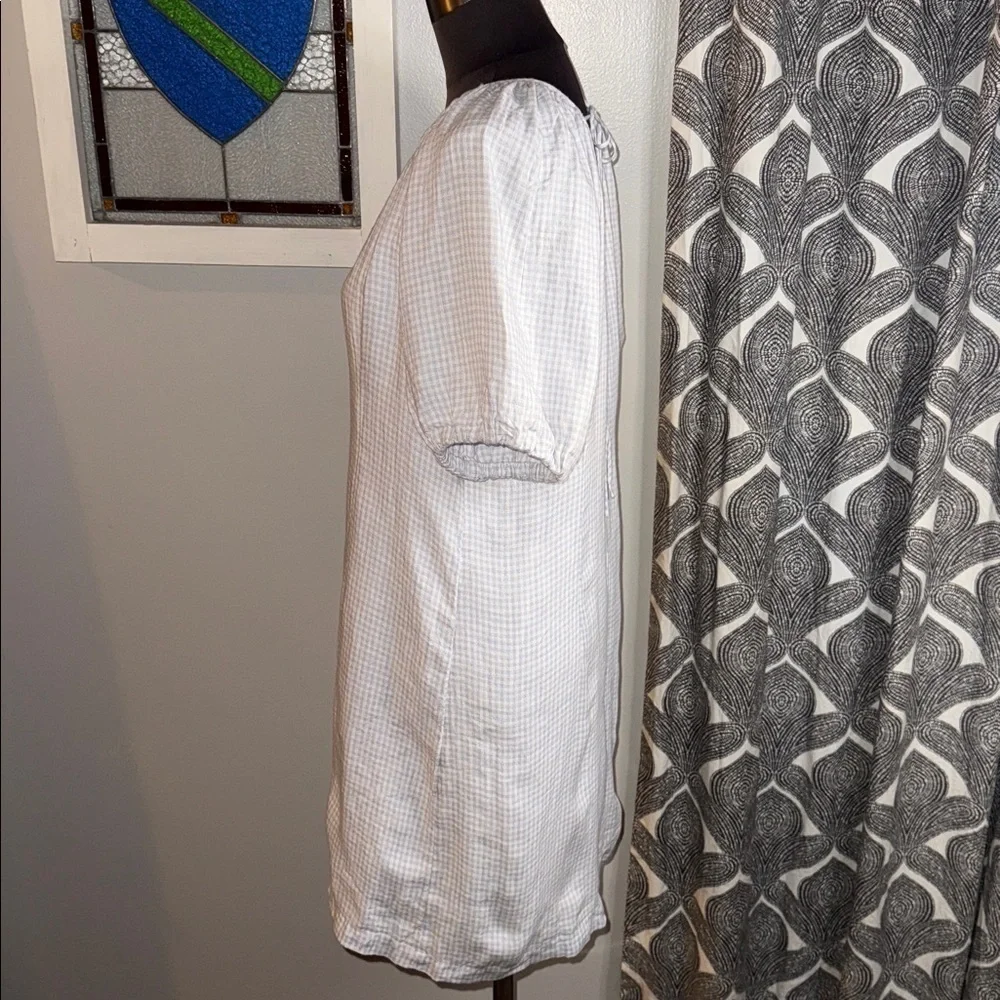 J Crew Gingham 100% Linen Midi Dress Puff Sleeve SZ 12
